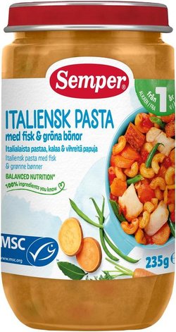 Semper Italialaista pastaa, kalaa & vihreitä papuja 1v lastenateria 235g