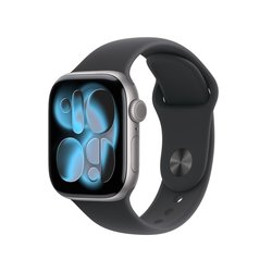 Apple Watch Series 11 (GPS) 42 mm tähtiharmaa alumiinikuori ja musta urheiluranneke, S/M