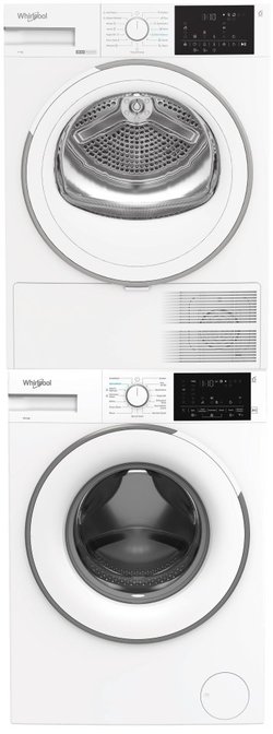 Whirlpool SM 06W EE pyykinpesukone + SD 10BD W EE kuivausrumpu + Wpro SKS101 väliasennussarja