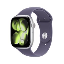 Apple Watch Series 11 (GPS) 46 mm hopea alumiinikuori ja usvanvioletti urheiluranneke, M/L