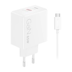 Lenovo Dual USB-C 65 W GaN -kannettavan tietokoneen laturi, valkoinen