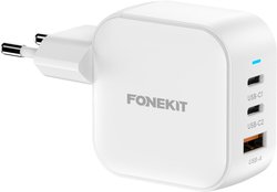 FoneKit GaN PD 70W -verkkovirtalaturi, USB-C + USB-C + USB-A, valkoinen