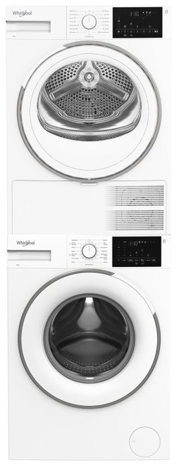 Whirlpool AMM 86W EE pyykinpesukone + D8 6BDWW EE kuivausrumpu + Wpro KCL103 väliasennussarja