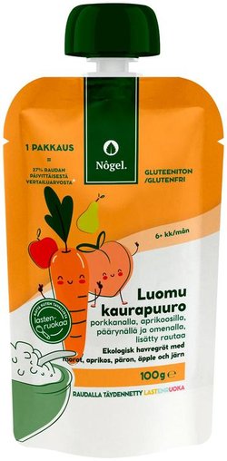 Nogel luomu kaurapuuro porkkanalla, aprikoosilla, päärynällä ja omenalla, 100 g