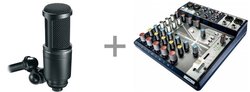 Soundcraft Notepad-8FX -analogimikseri ja 2 kpl Audio-Technica AT2020 -kondensaattorimikrofoneja