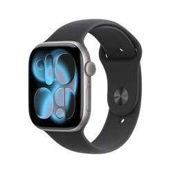 Apple Watch Series 11 (GPS) 46 mm tähtiharmaa alumiinikuori ja musta urheiluranneke, M/L